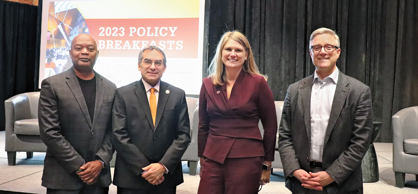 (left to right) Minnesota Department of Education (MDE) Commissioner Willie Jett, CEHD Dean Michael C. Rodriguez, CEHD’s Executive Director of Educational Leadership Katie Pekel, and Superintendent of Rochester Public Schools Kent Pekel