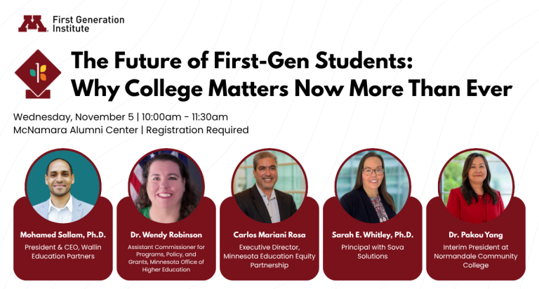 Graphic with panelists for the future of first-gen students event
