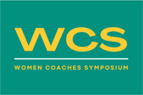 text reading WCS, Women Coaches Symposium in gold over light green background