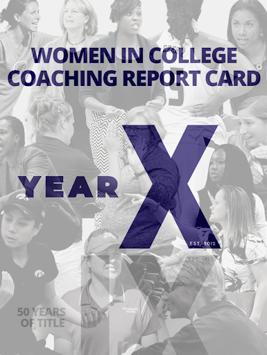 Women in College Coaching Report Card, Year X blue text over collage of black and white images of women coaches from all previous WCCRC reports